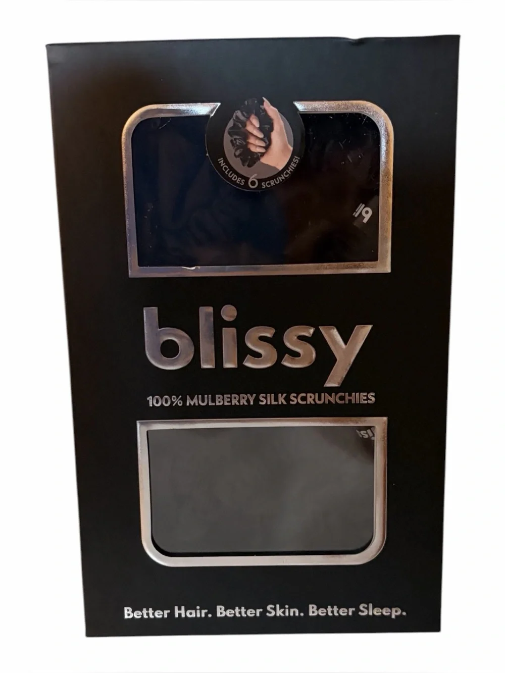 Blissy Scrunchies 100% Mulberry Silk Black COMBO pack of 6 NEW in BOX